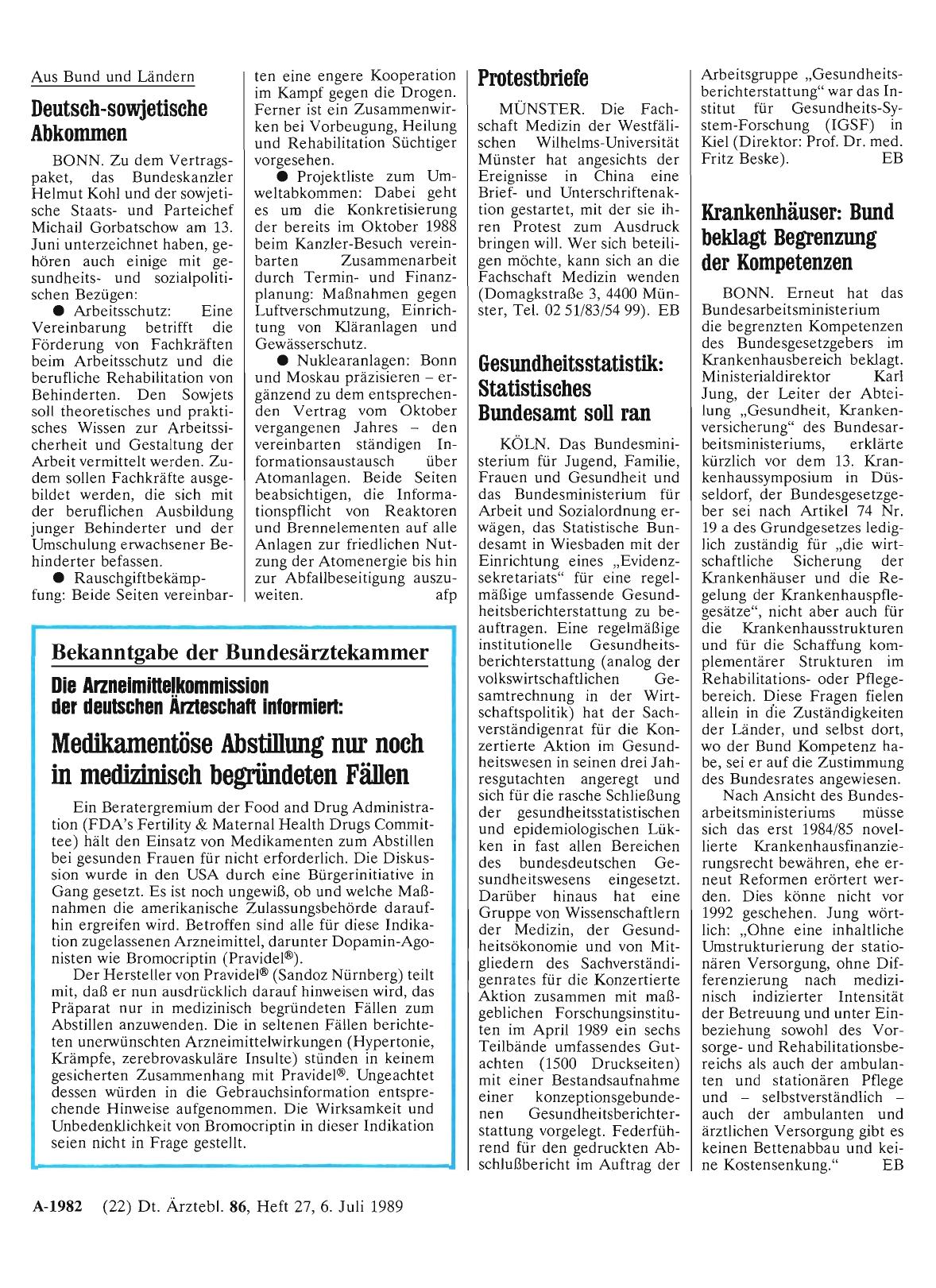 Vorschauseite 1: Bekanntgabe der Bundesärztekammer: Die Arzneimittelkommission der deutschen Ärzteschaft Informiert: Medikamentöse Abstillung nur noch in medizinisch begründeten Fällen