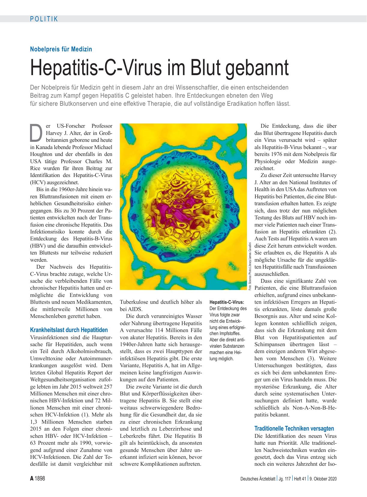 Vorschauseite 1: Nobelpreis für Medizin: Hepatitis-C-Virus im Blut gebannt