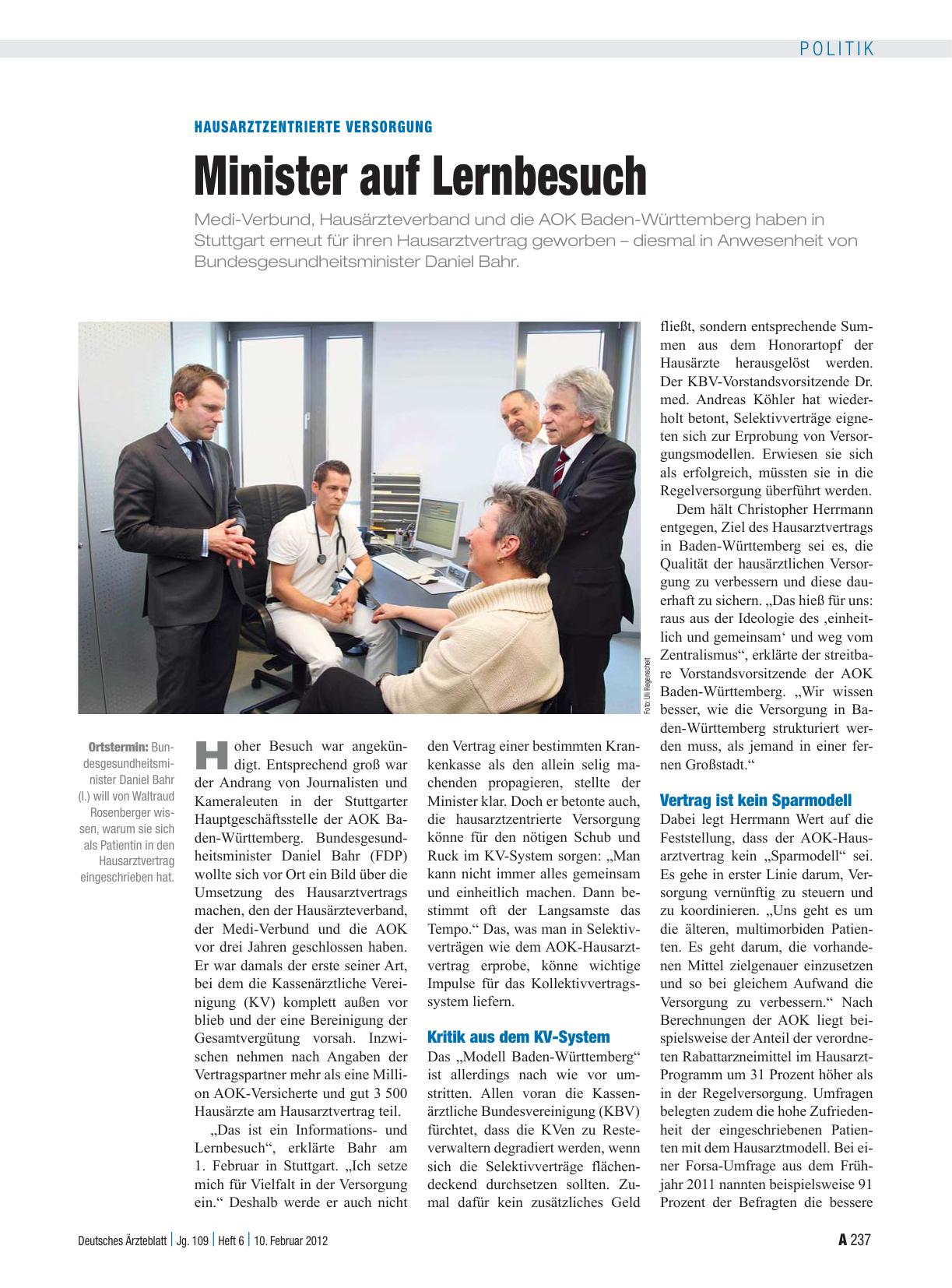Vorschauseite 1: Hausarztzentrierte Versorgung: Minister auf Lernbesuch