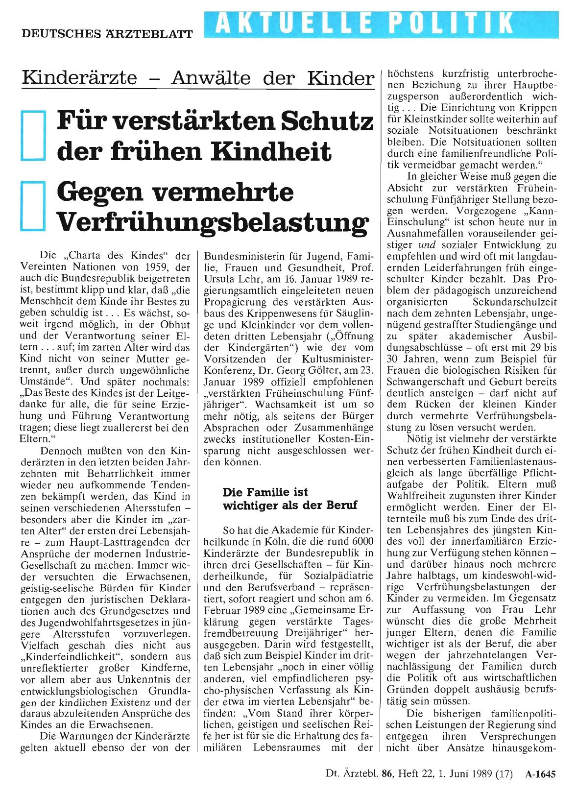 Vorschauseite 1: Kinderärzte - Anwälte der Kinder: Für verstärkten Schutz der frühen Kindheit; Gegen vermehrte Verfrühungsbelastung