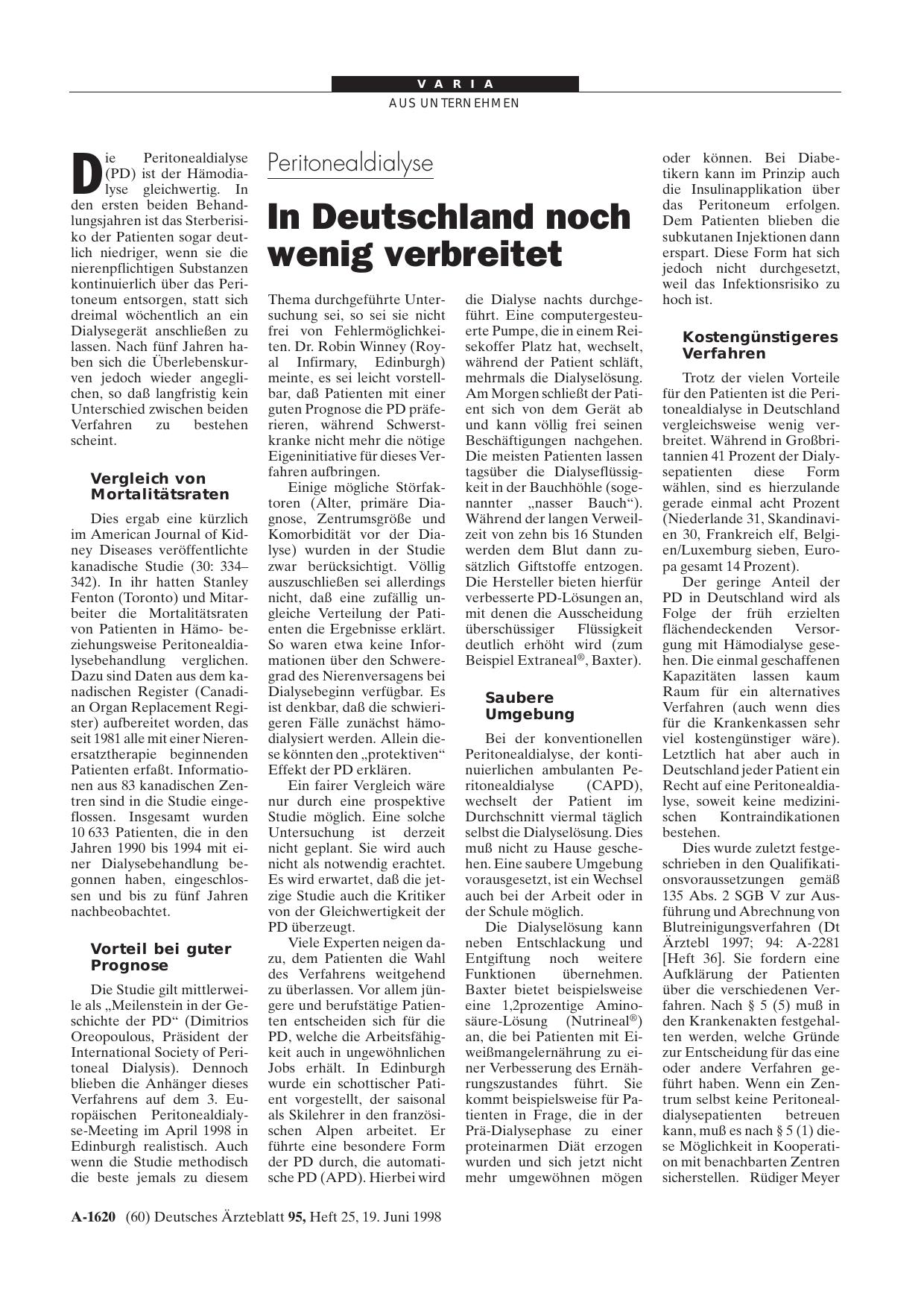 Vorschauseite 1: Peritonealdialyse: In Deutschland noch wenig verbreitet