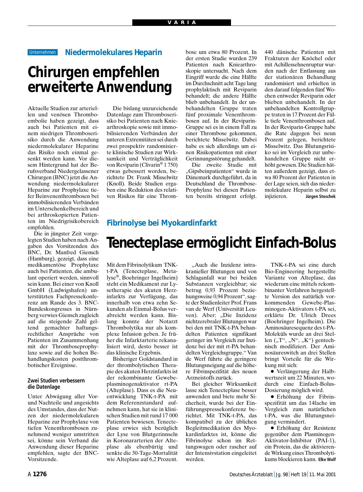 Vorschauseite 1: Niedermolekulares Heparin: Chirurgen empfehlen erweiterte Anwendung