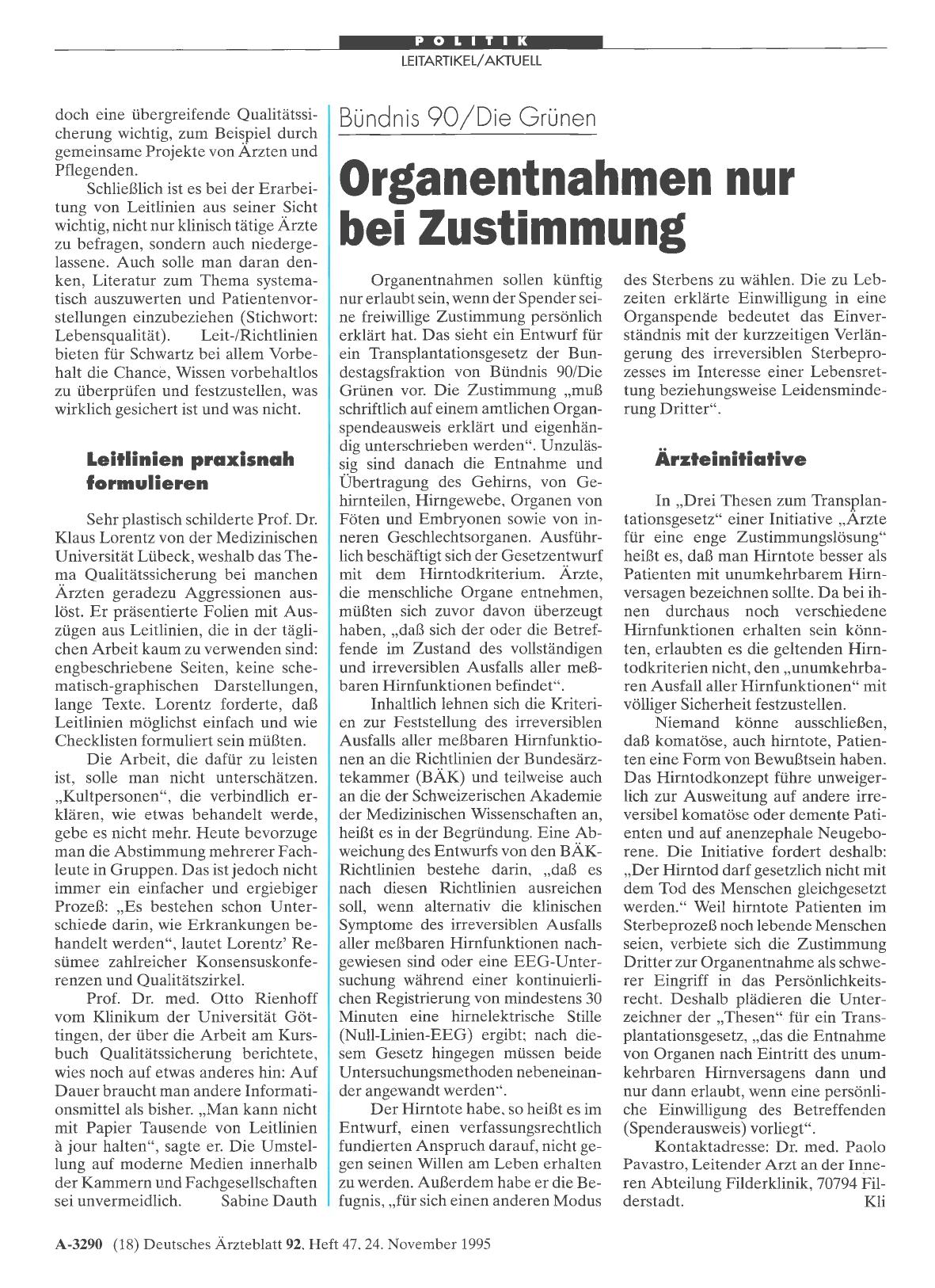 Vorschauseite 1: Büncnis 90/Die Grünen: Organentnahmen nur bei Zustimmung