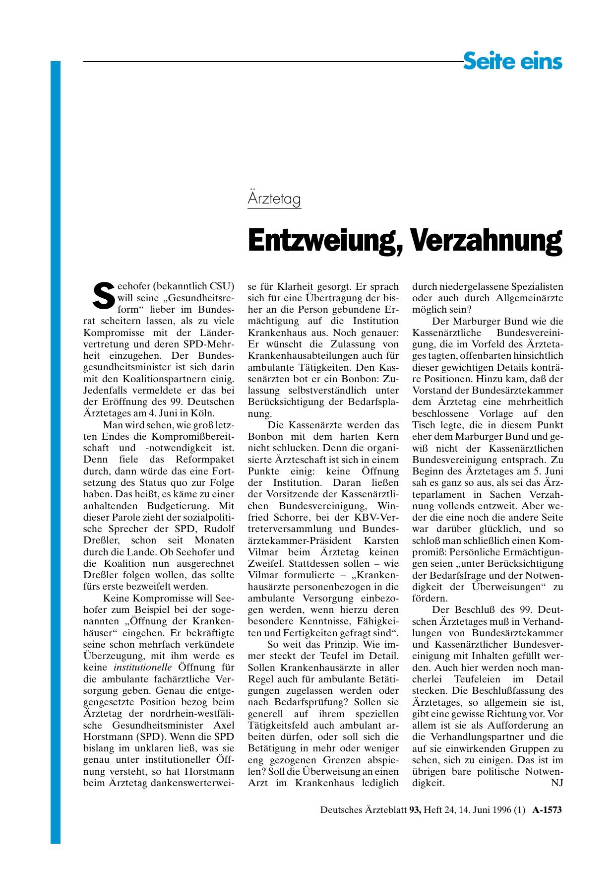 Vorschauseite 1: Ärztetag: Entzweiung, Verzahnung