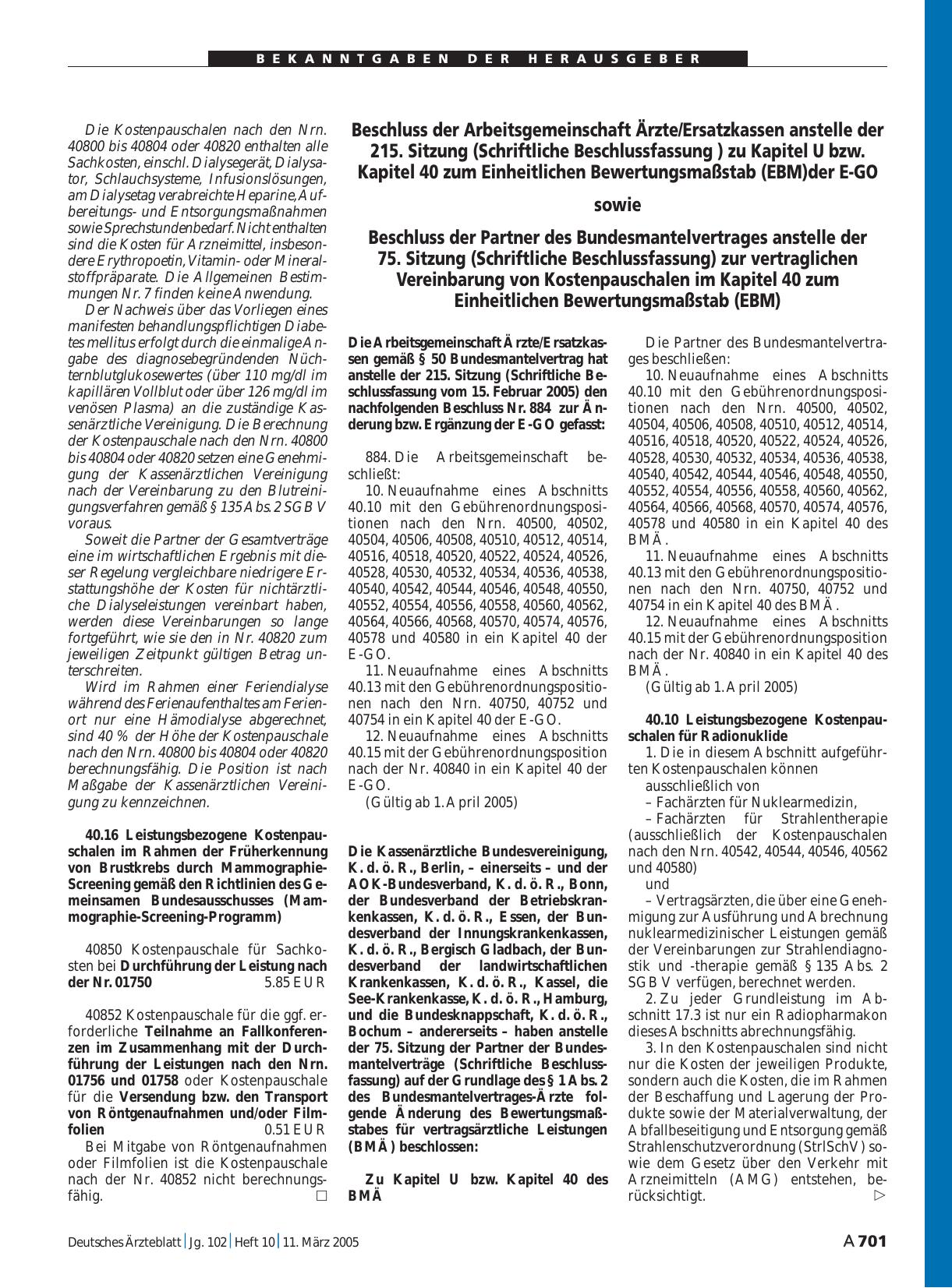 Vorschauseite 1: Beschluss der Arbeitsgemeinschaft Ärzte/Ersatzkassen anstelle der 215. Sitzung (Schriftliche Beschlussfassung ) zu Kapitel U bzw. Kapitel 40 zum Einheitlichen Bewertungsmaßstab (E…