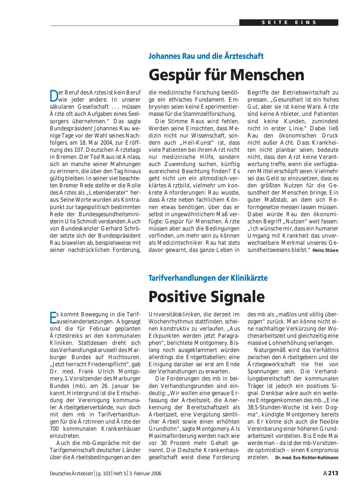Vorschauseite 1: Johannes Rau und die Ärzteschaft: Gespür für Menschen