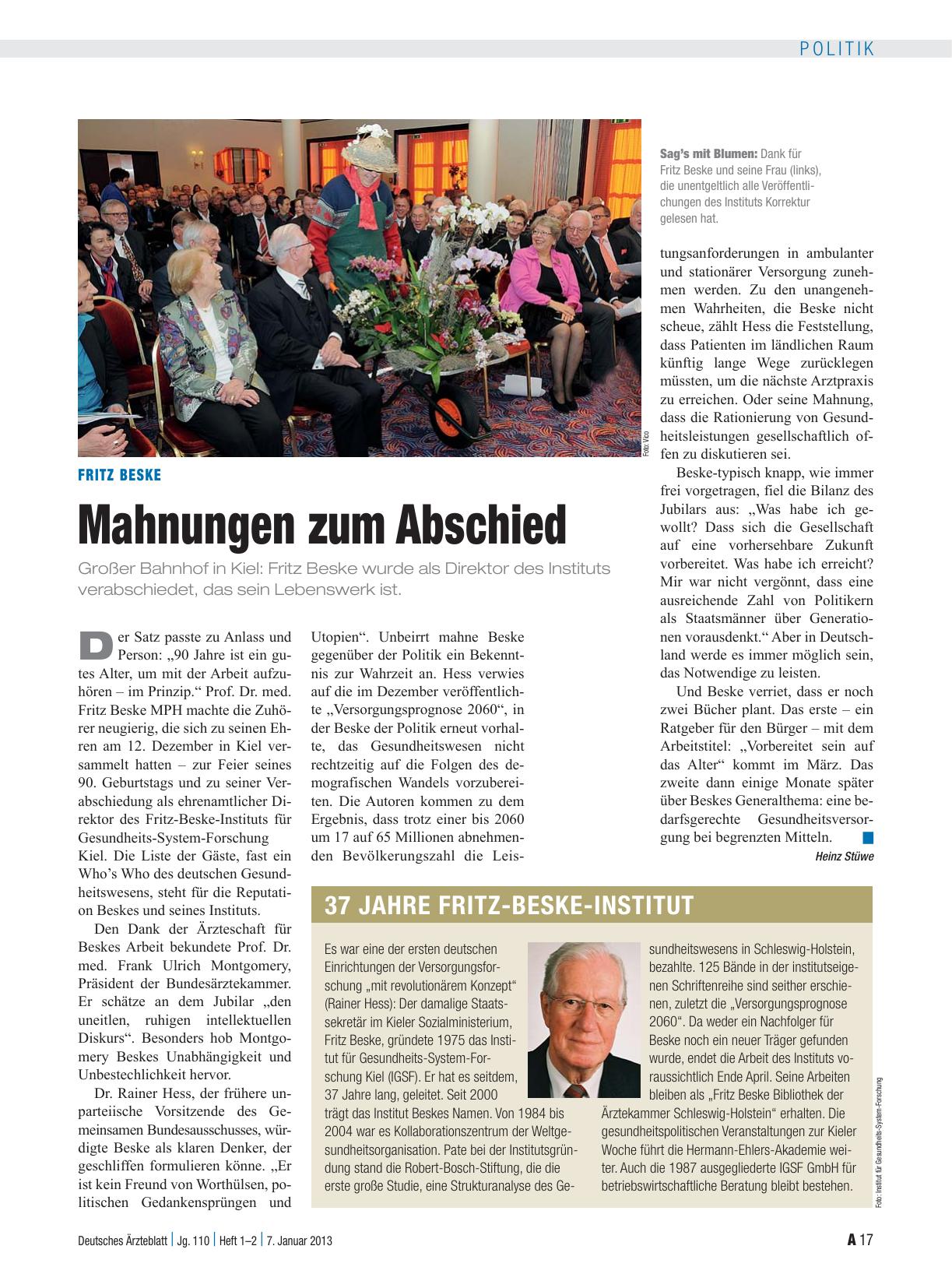 Vorschauseite 1: Fritz Beske: Mahnungen zum Abschied