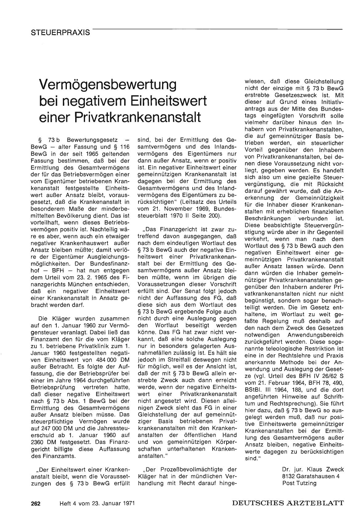 Vorschauseite 1: Vermögensbewertung bei negativem Einheitswert einer Privatkrankenanstalt