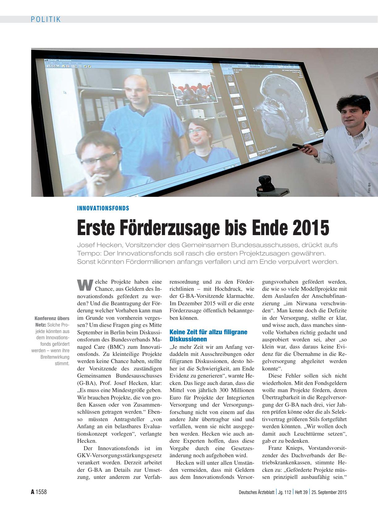 Vorschauseite 1: Innovationsfonds: Erste Förderzusage bis Ende 2015