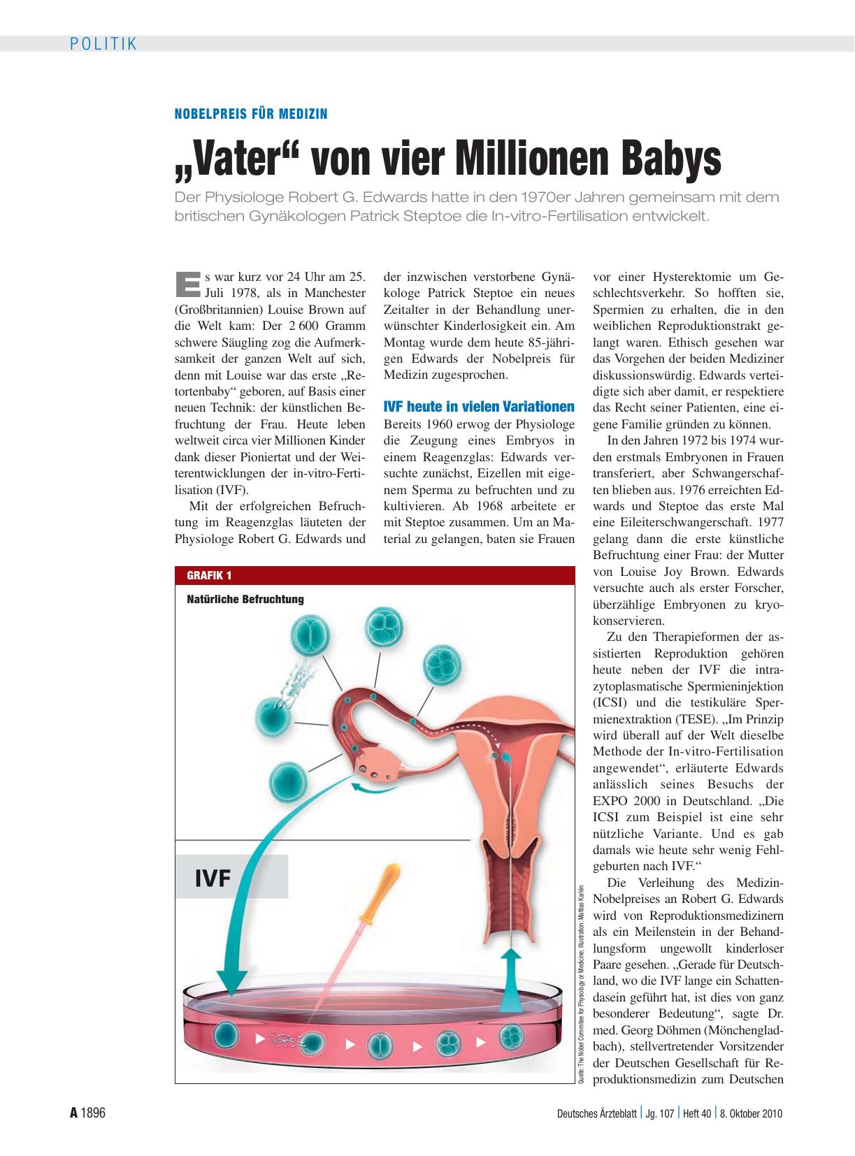 Vorschauseite 1: Nobelpreis für Medizin: „Vater“ von vier Millionen Babys