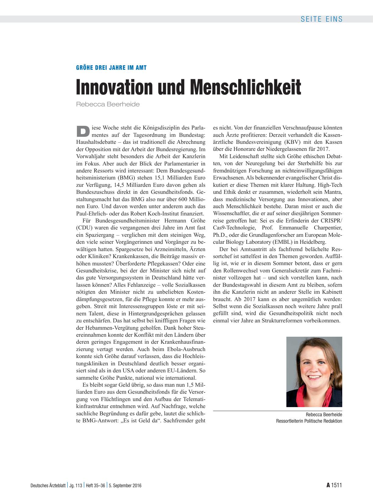 Vorschauseite 1: Gröhe drei Jahre im Amt: Innovation und Menschlichkeit