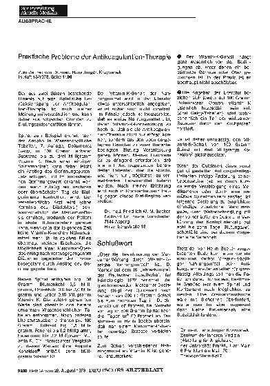 Vorschauseite 1: Praktische Probleme der Antikoagulantien-Therapie: Schlußwort