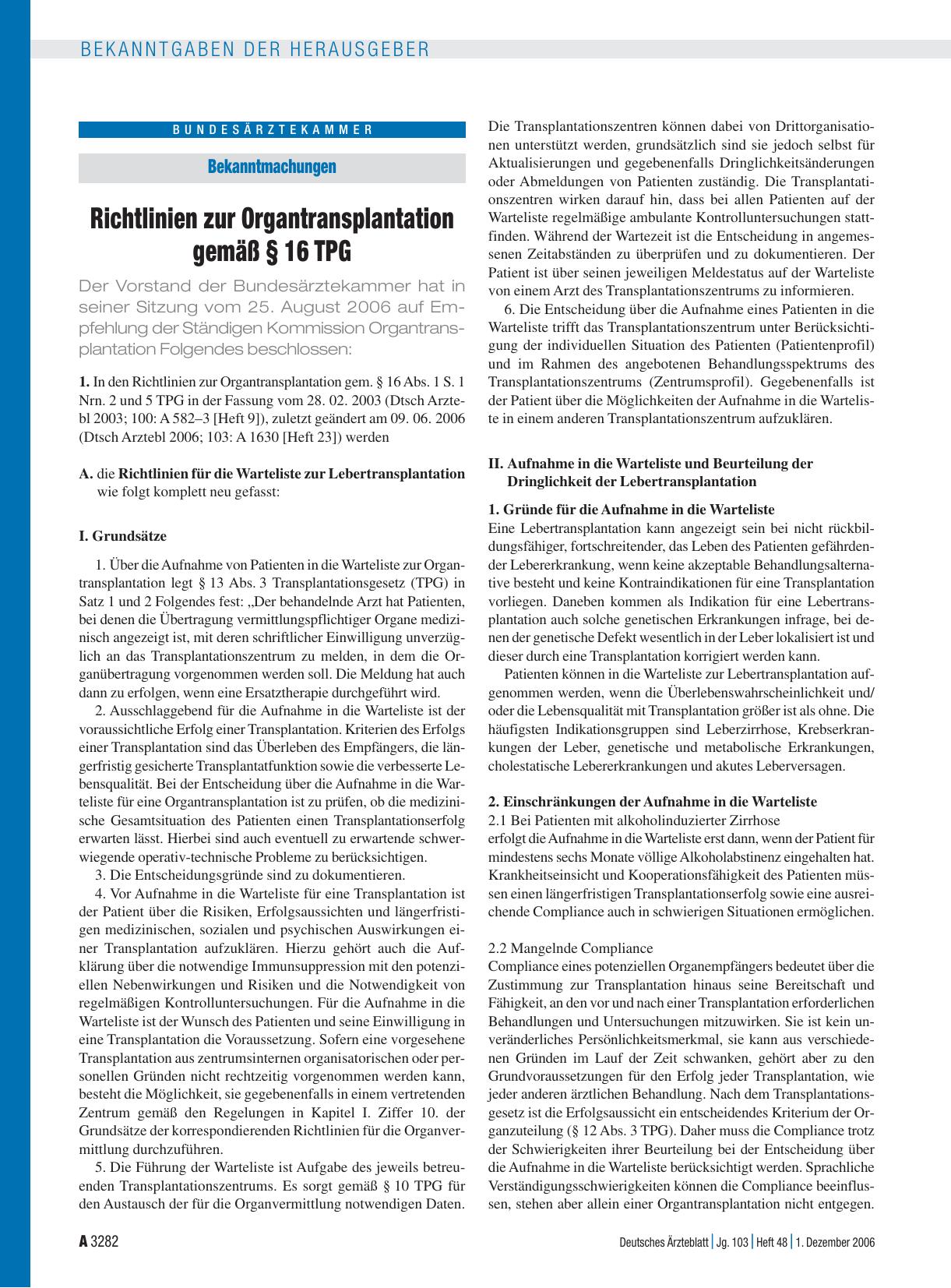 Vorschauseite 1: Bekanntmachungen: Richtlinien zur Organtransplantation gemäß § 16 TPG