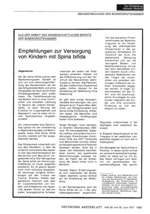 Vorschauseite 1: AUS DER ARBEIT DES WISSENSCHAFTLICHEN BEIRATS DER BUNDESÄRZTEKAMMER: Empfehlungen zur Versorgung von Kindern mit Spina bifida