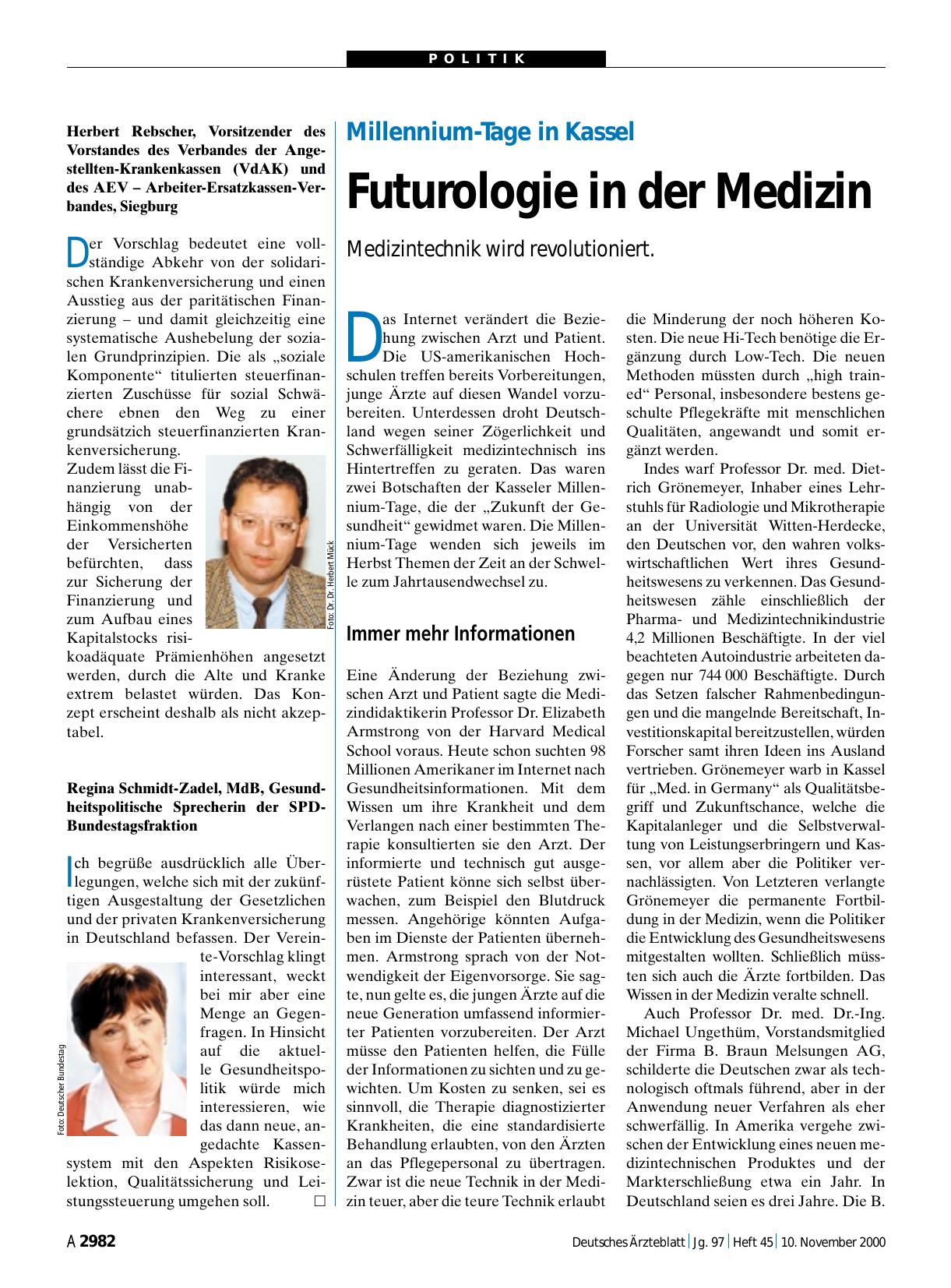 Vorschauseite 1: Millennium-Tage in Kassel: Futurologie in der Medizin