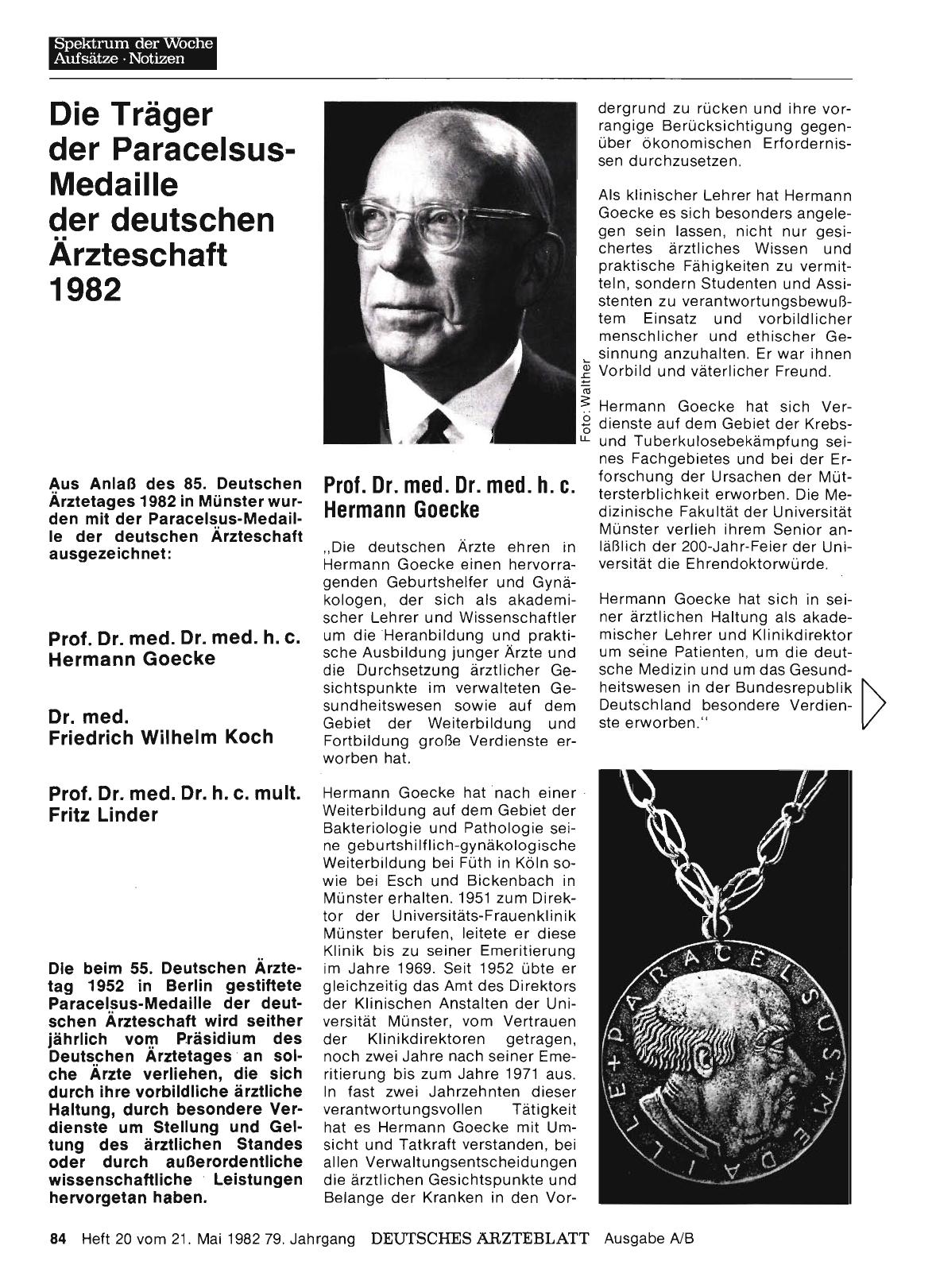 Vorschauseite 1: Die Träger der Paracelsus-Medaille der deutschen Ärzteschaft 1982