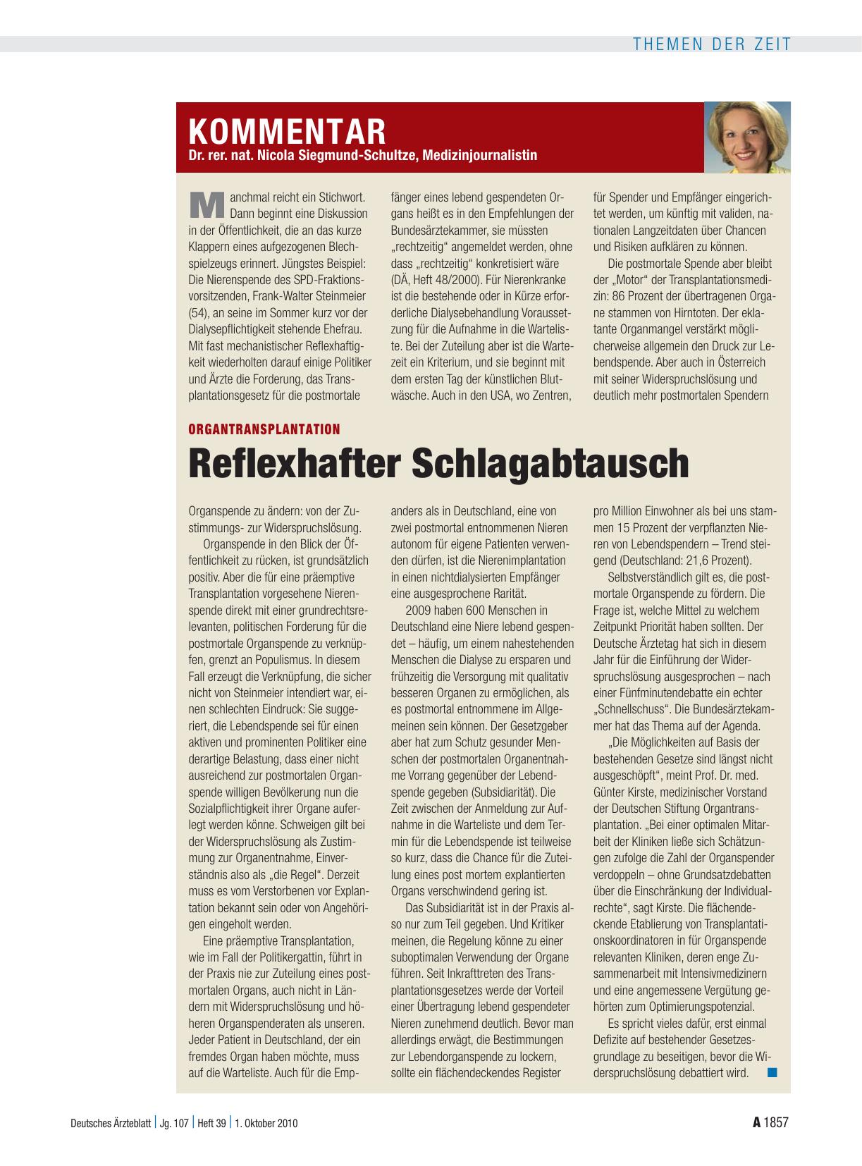 Vorschauseite 1: Organtransplantation: Reflexhafter Schlagabtausch