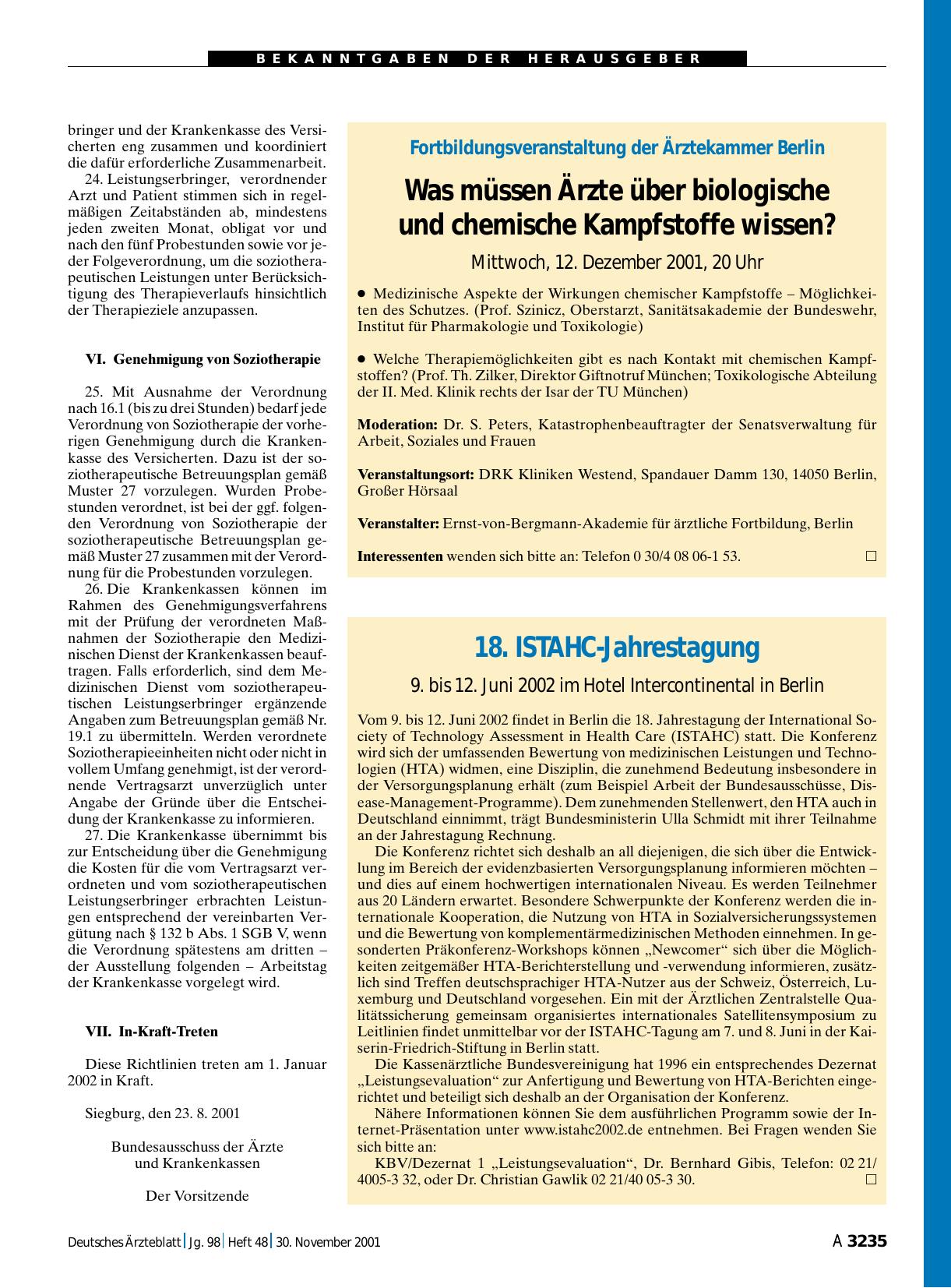 Vorschauseite 1: Fortbildungsveranstaltung der Ärztekammer Berlin: Was müssen Ärzte über biologische und chemische Kampfstoffe wissen?