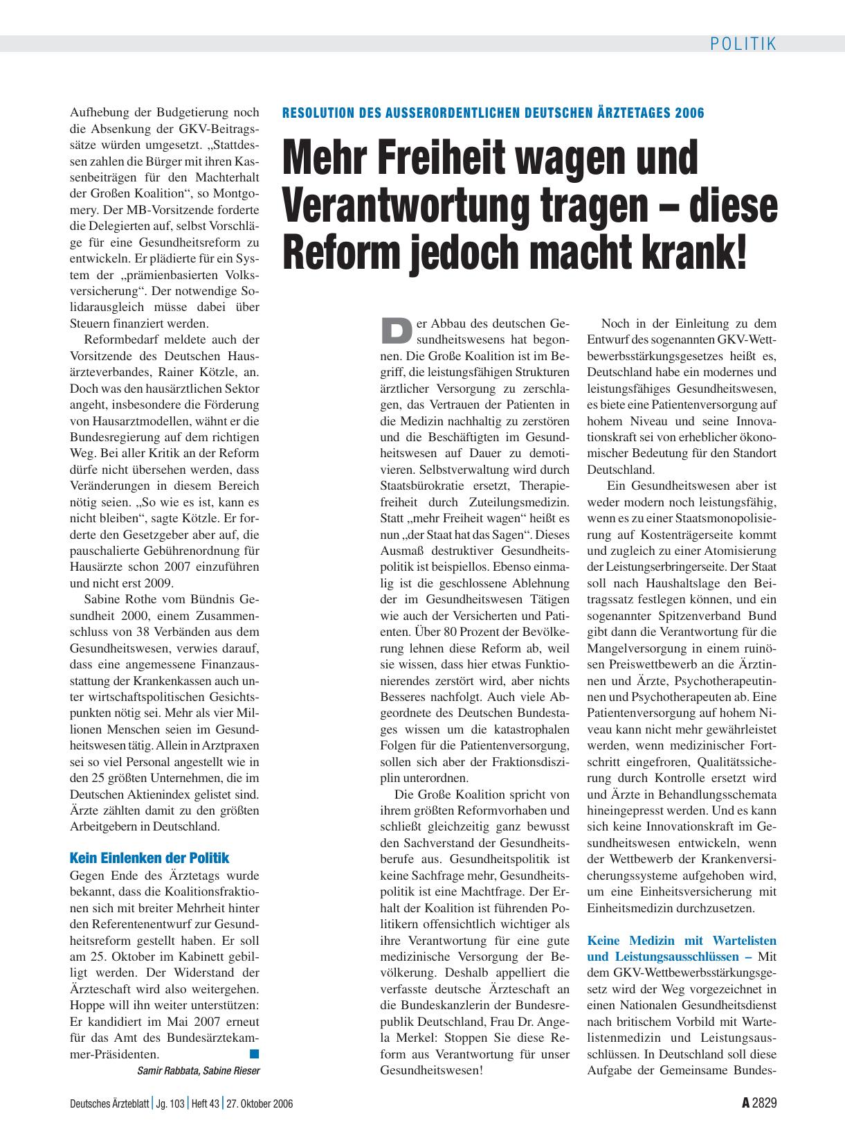 Vorschauseite 1: Resolution des Außerordentlichen Deutschen Ärztetages 2006: Mehr Freiheit wagen und Verantwortung tragen – diese Reform jedoch macht krank!