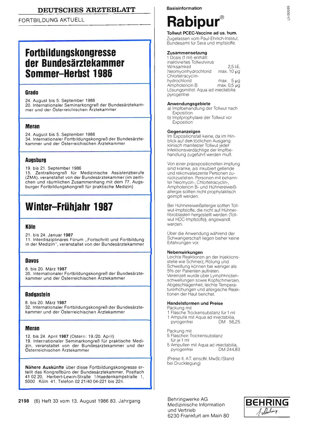 Vorschauseite 1: Fortbildungskongresse der Bundesärztekammer Sommer—Herbst 1986