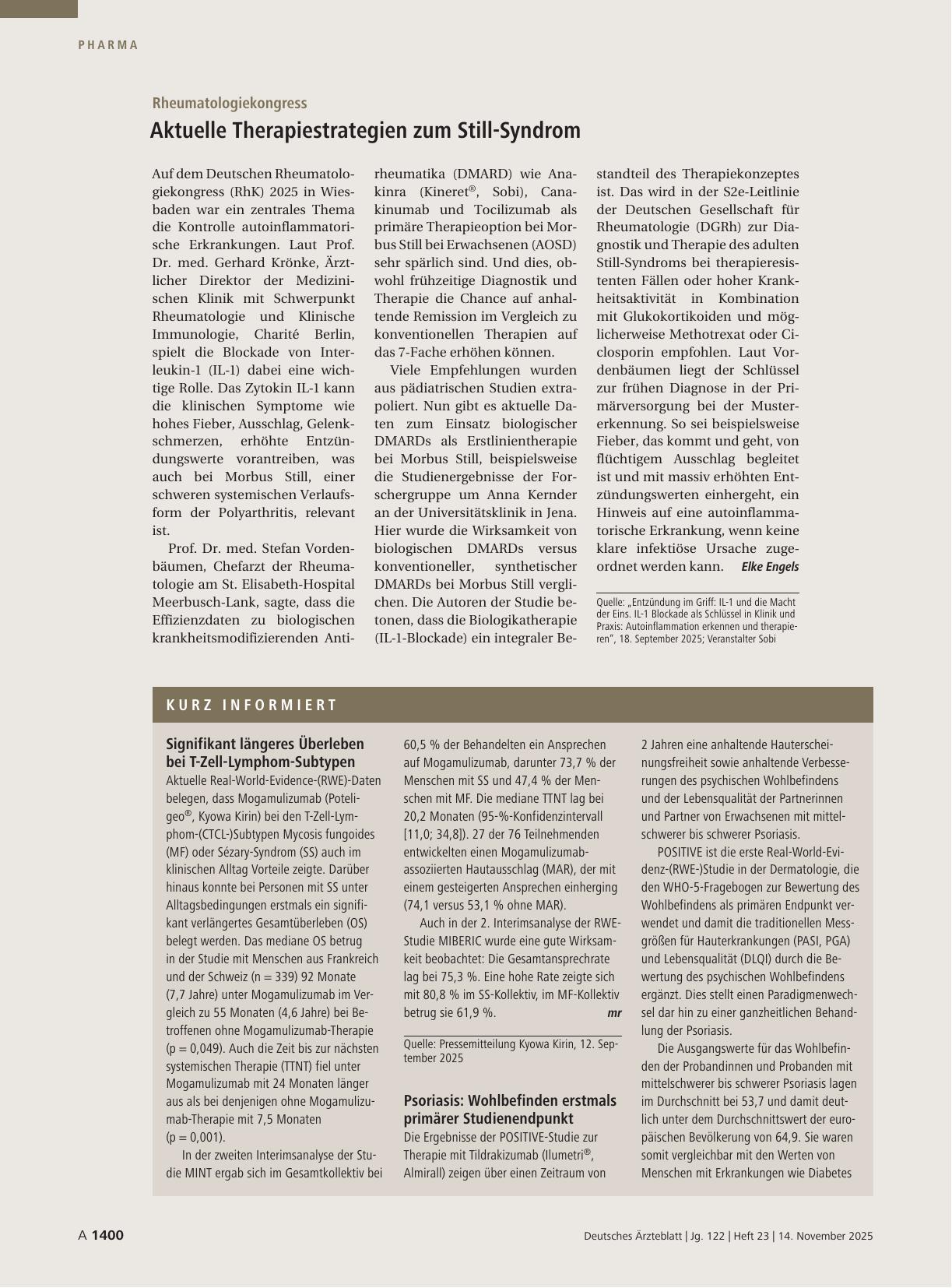 Vorschauseite 1: Rheumatologiekongress: Aktuelle Therapiestrategien zum Still-Syndrom
