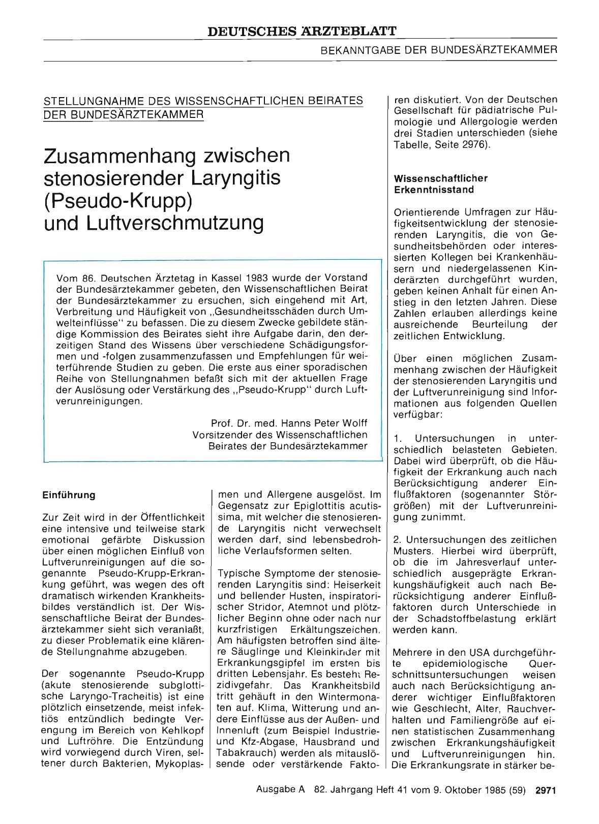 Vorschauseite 1: STELLUNGNAHME DES WISSENSCHAFTLICHEN BEIRATES DER BUNDESÄRZTEKAMMER: Zusammenhang zwischen stenosierender Laryngitis (Pseudo-Krupp) und Luftverschmutzung