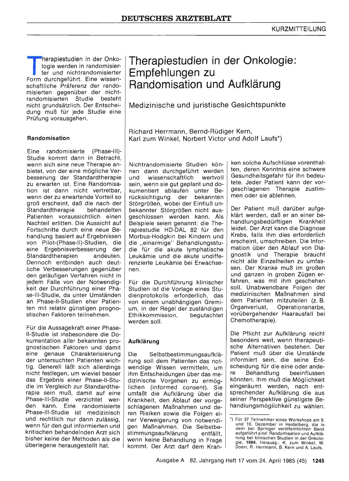 Vorschauseite 1: Therapiestudien in der Onkologie: Empfehlungen zu Randomisation und Aufklärung