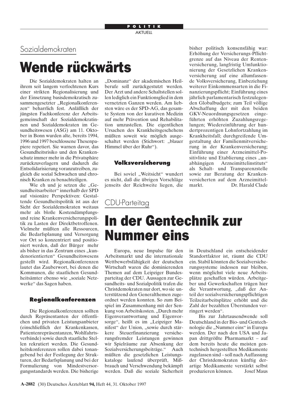 Vorschauseite 1: Sozialdemokraten: Wende rückwärts