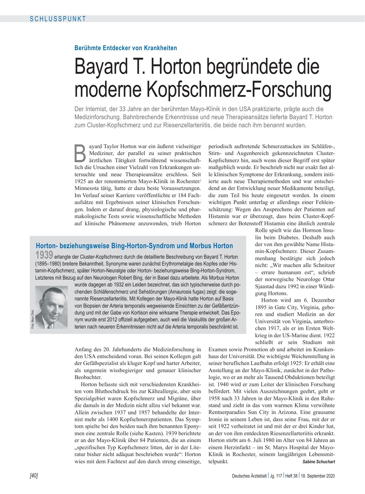 Vorschauseite 1: Berühmte Entdecker von Krankheiten: Bayard T. Horton begründete die moderne Kopfschmerz-Forschung