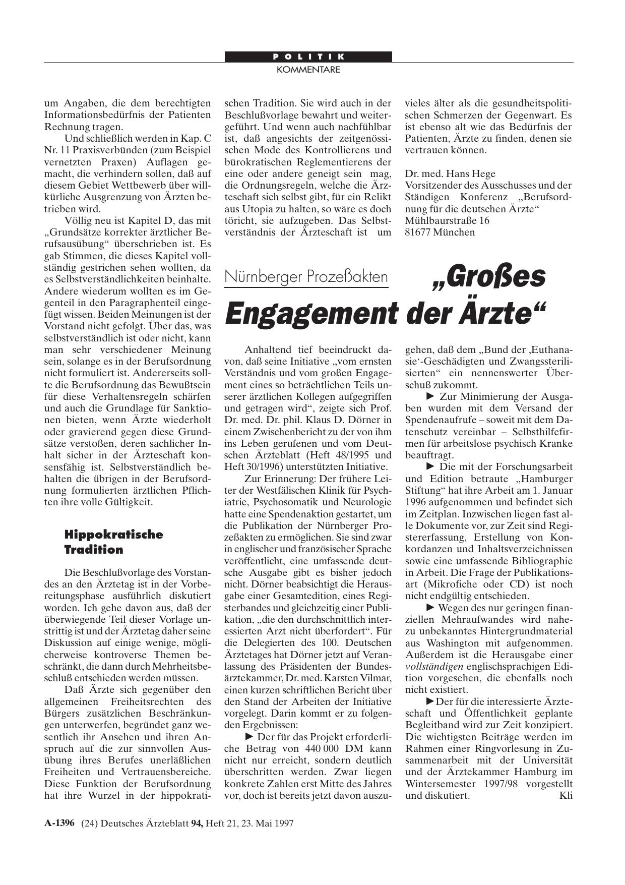 Vorschauseite 1: Nürnberger Prozeßakten: „Großes Engagement der Ärzte“