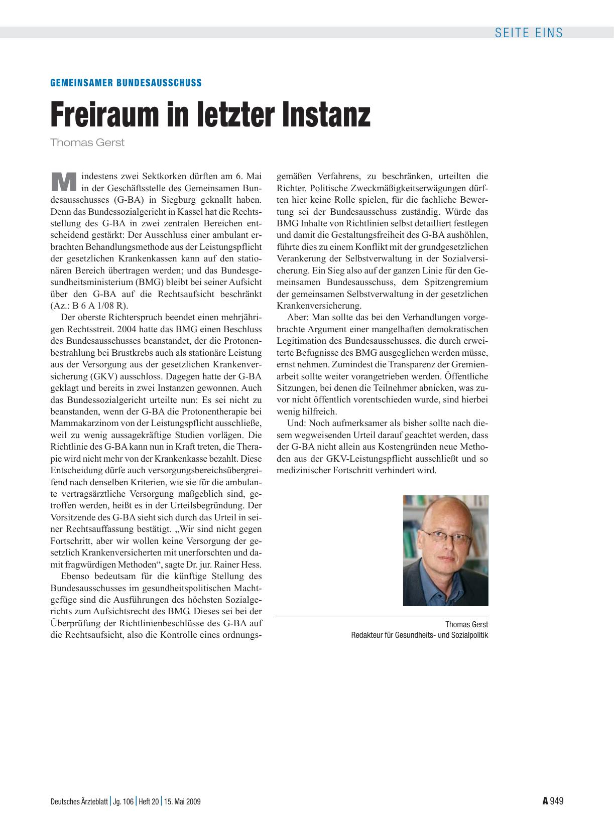 Vorschauseite 1: Gemeinsamer Bundesausschuss: Freiraum in letzter Instanz