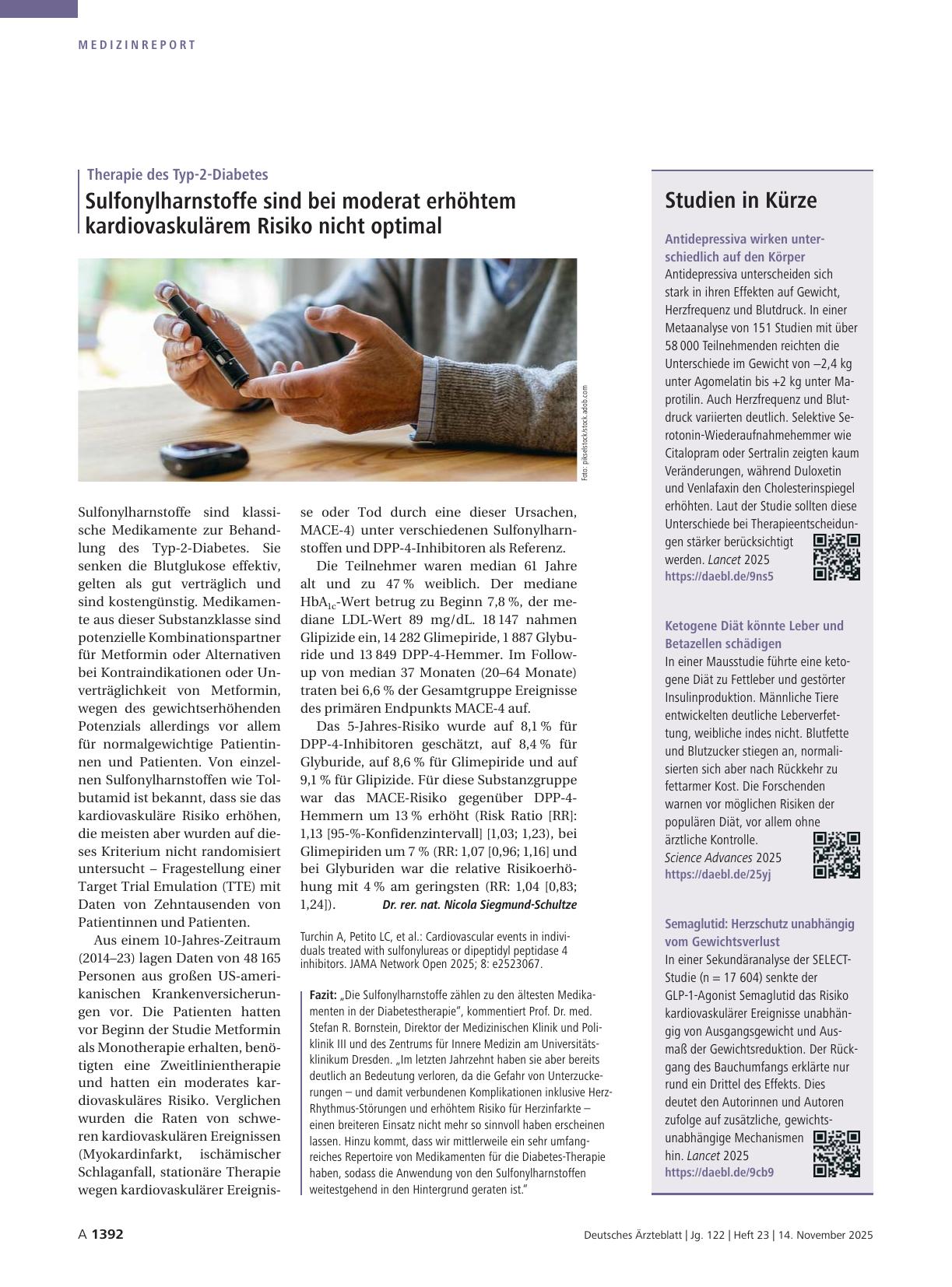 Vorschauseite 1: Therapie des Typ-2-Diabetes: Sulfonylharnstoffe sind bei moderat erhöhtem kardiovaskulärem Risiko nicht optimal