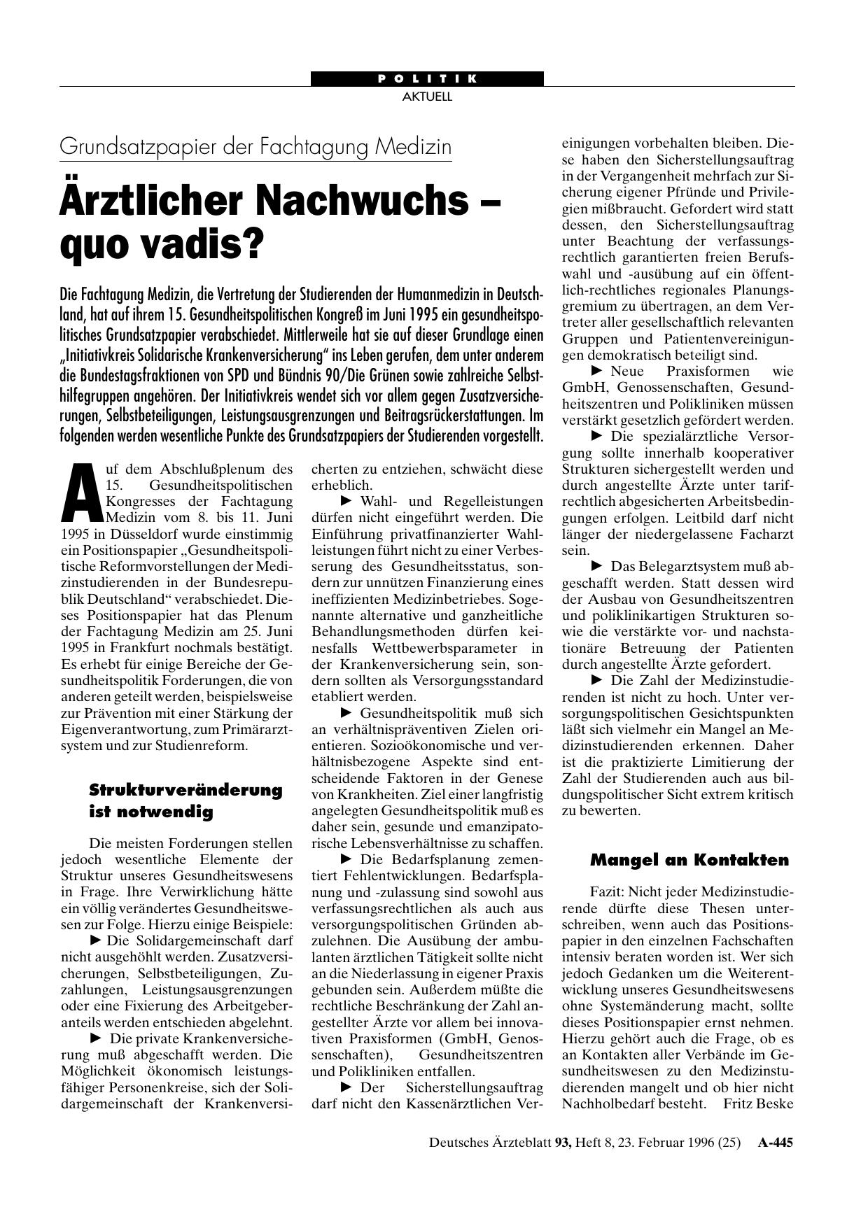 Vorschauseite 1: Grundsatzpapier der Fachtagung Medizin: Ärztlicher Nachwuchs – quo vadis?