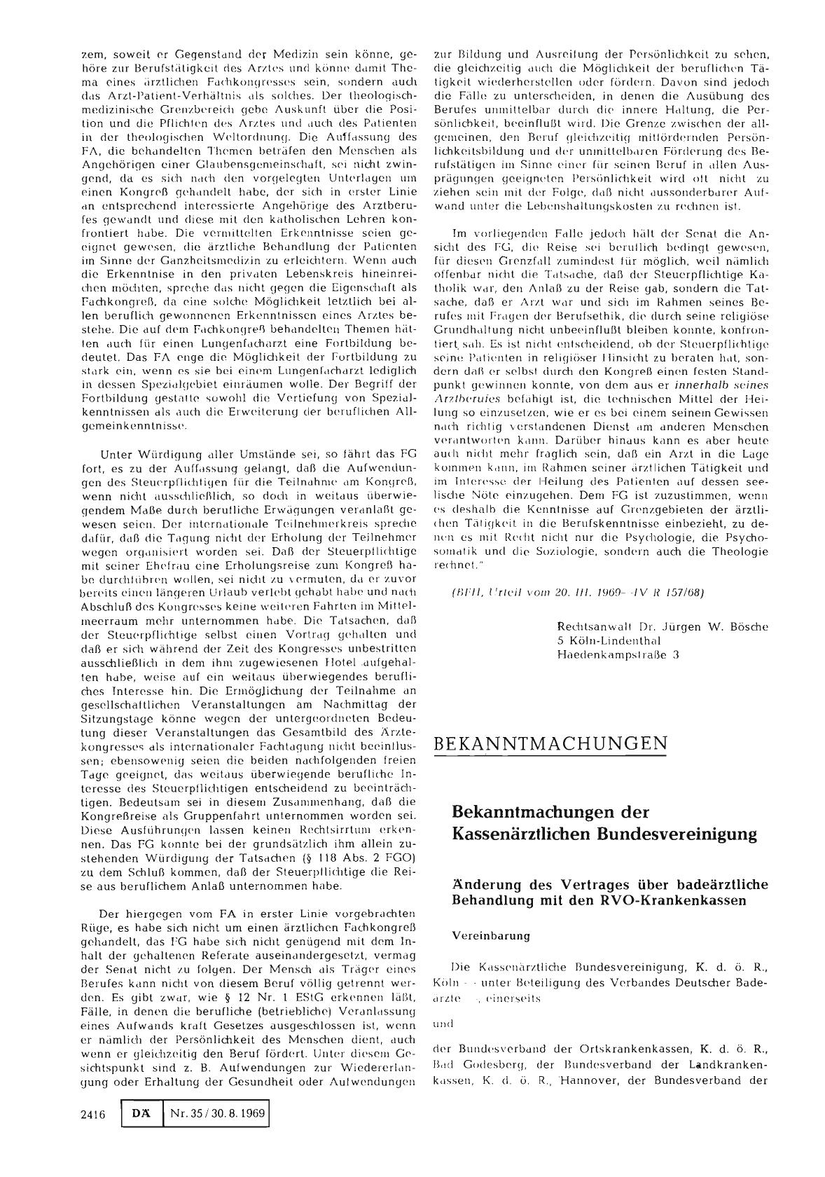 Vorschauseite 1: Bekanntmachungen der Kassenärztlichen Bundesvereinigung: Änderung des Vertrages über badeärztliche Behandlung mit den RVO-Krankenkassen