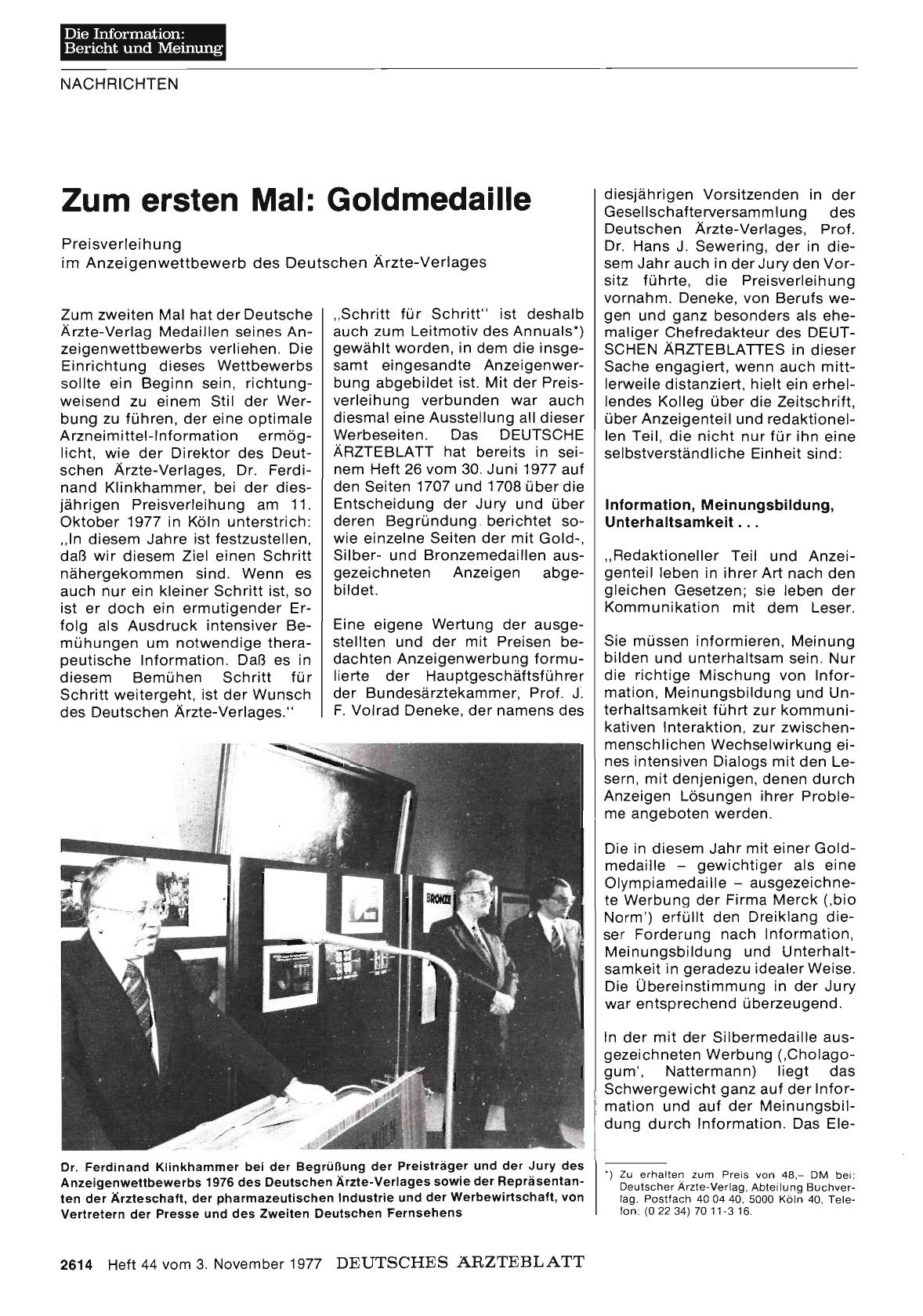 Vorschauseite 1: Zum ersten Mal: Goldmedaille - Preisverleihung im Anzeigenwettbewerb des Deutschen Ärzte-Verlages