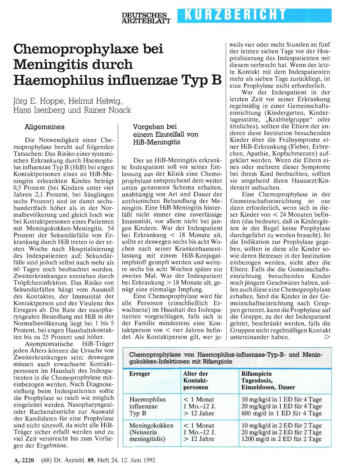 Vorschauseite 1: Chemoprophylaxe bei Meningitis durch Haemophilus influenzae Typ B