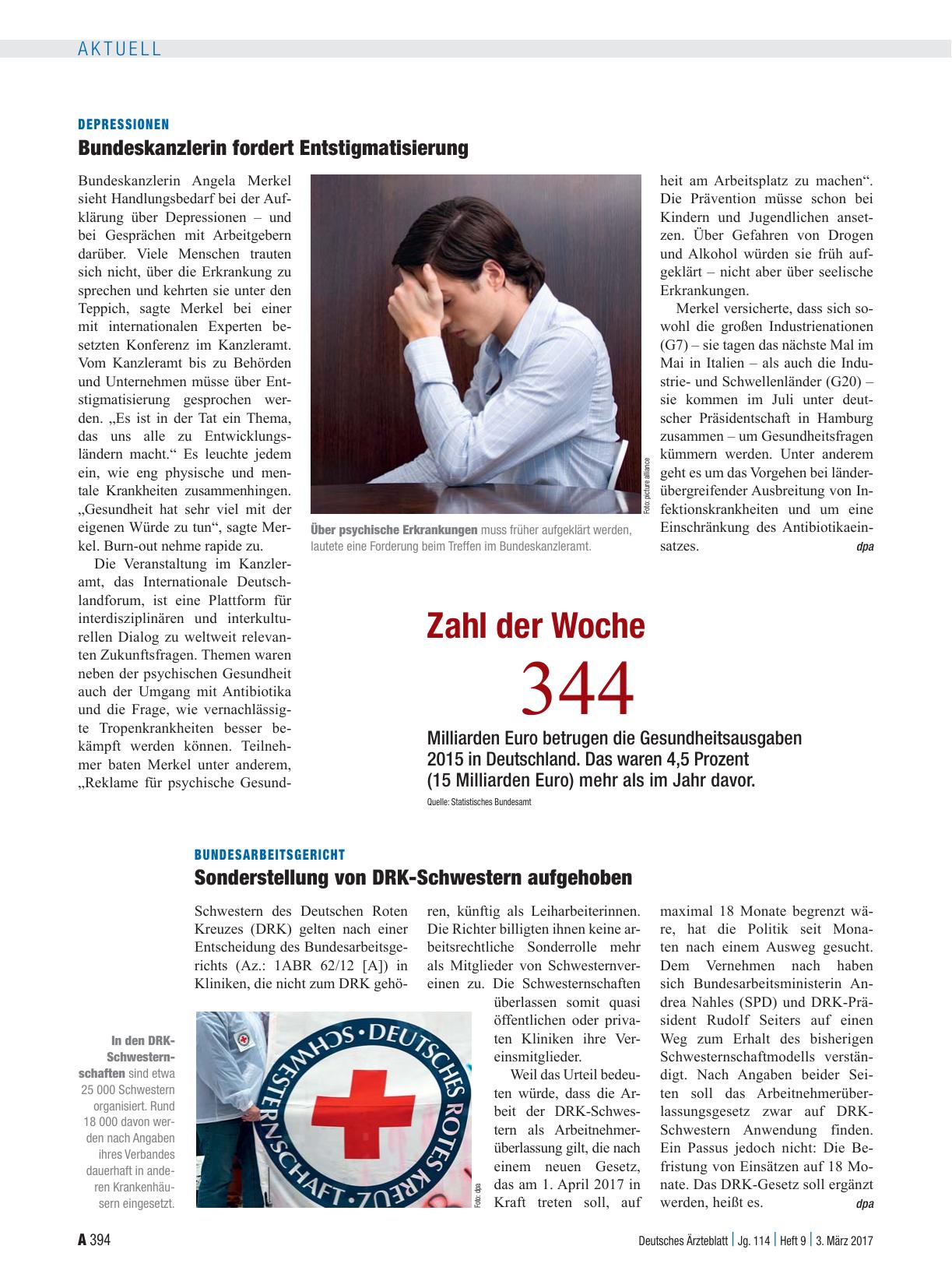 Vorschauseite 1: Depressionen: Bundeskanzlerin fordert Entstigmatisierung
