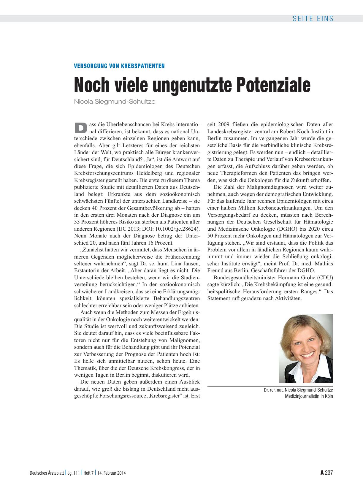 Vorschauseite 1: Versorgung von Krebspatienten: Noch viele ungenutzte Potenziale