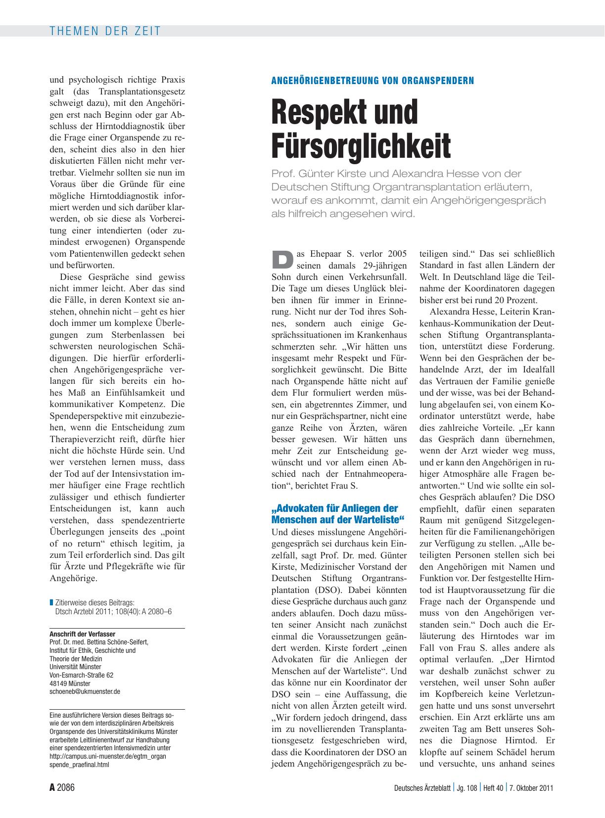 Vorschauseite 1: Angehörigenbetreuung von Organspendern: Respekt und Fürsorglichkeit