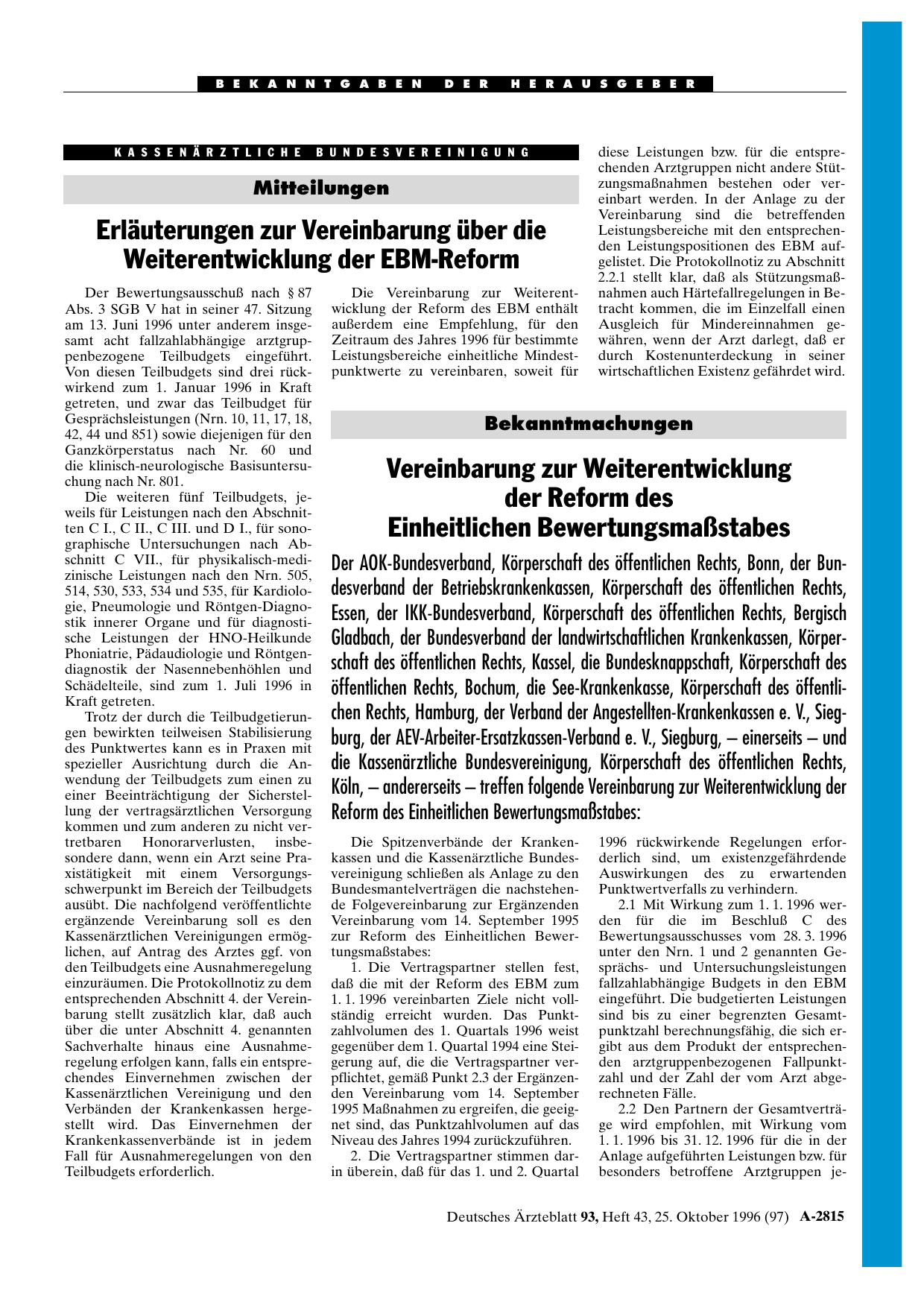 Vorschauseite 1: Mitteilungen: Erläuterungen zur Vereinbarung über die Weiterentwicklung der EBM-Reform