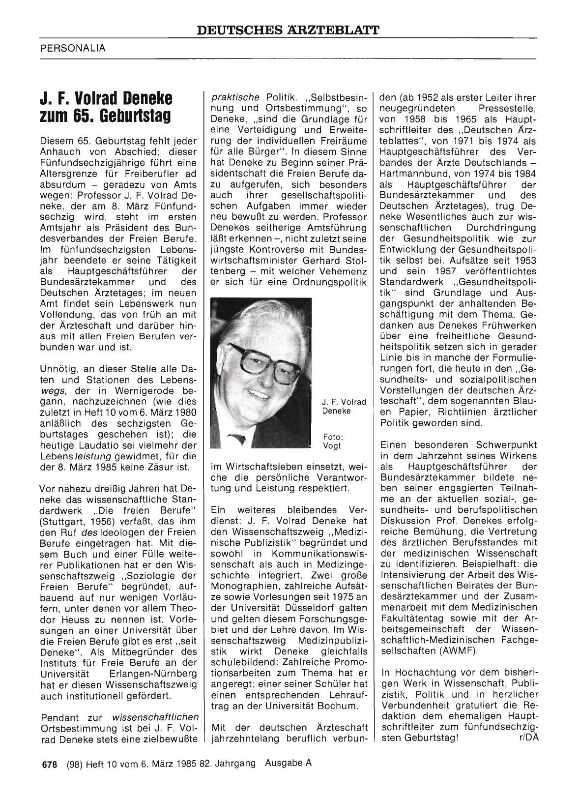 Vorschauseite 1: J. F. Volrad Deneke zum 65. Geburtstag