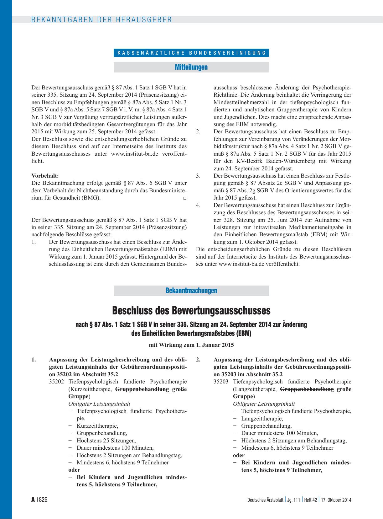 Vorschauseite 1: Beschluss des Bewertungsausschusses nach § 87 Abs. 1 Satz 1 SGB V in seiner 335. Sitzung am 24. September 2014 zur Änderung des Einheitlichen Bewertungsmaßstabes (EBM)