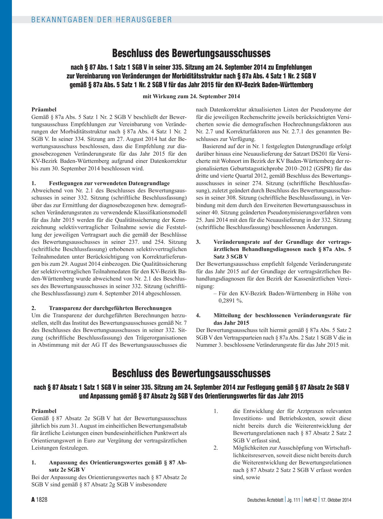 Vorschauseite 3: Beschluss des Bewertungsausschusses nach § 87 Abs. 1 Satz 1 SGB V in seiner 335. Sitzung am 24. September 2014 zur Änderung des Einheitlichen Bewertungsmaßstabes (EBM)