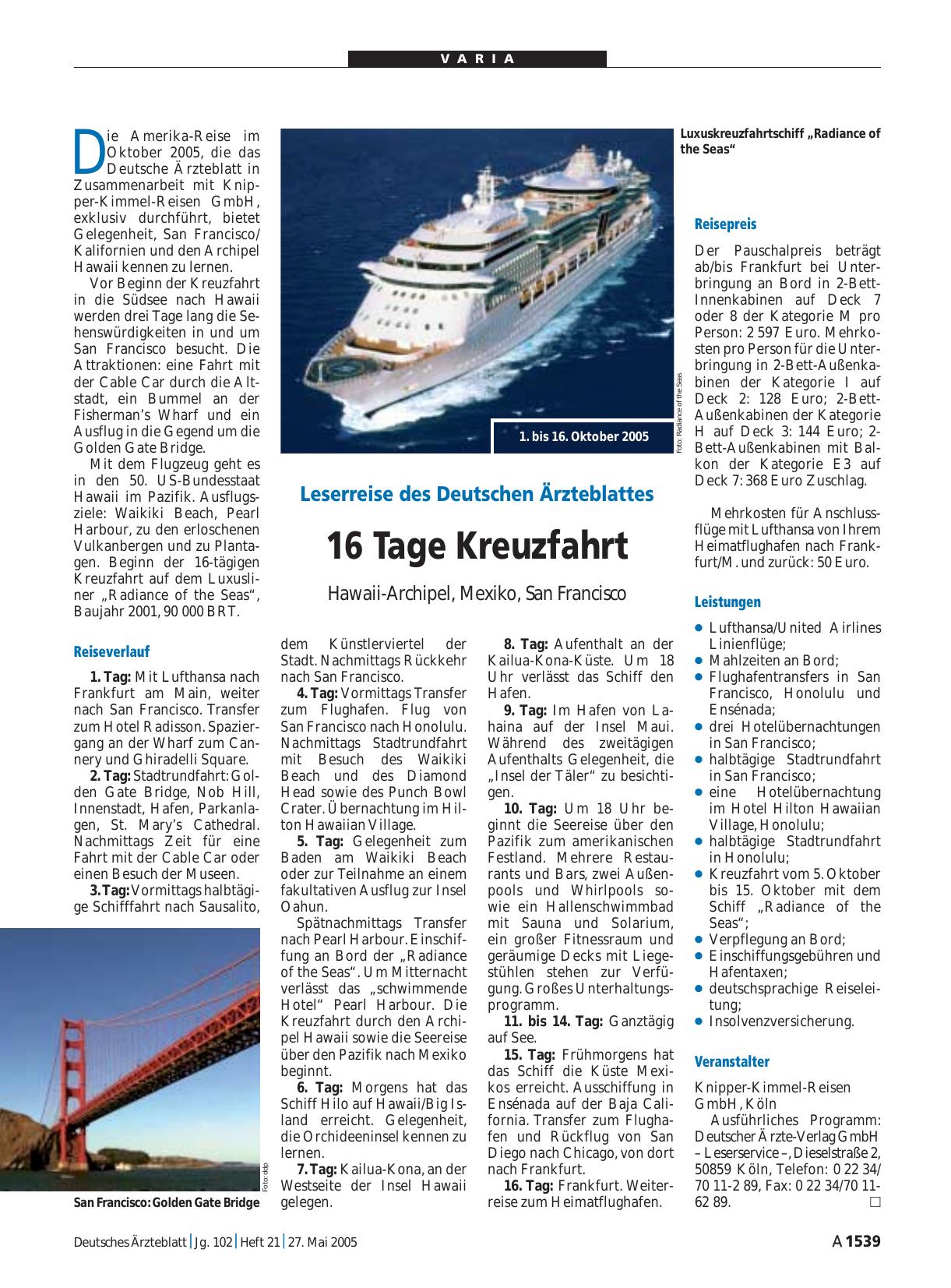 Vorschauseite 1: Leserreise des Deutschen Ärzteblattes: 16 Tage Kreuzfahrt
