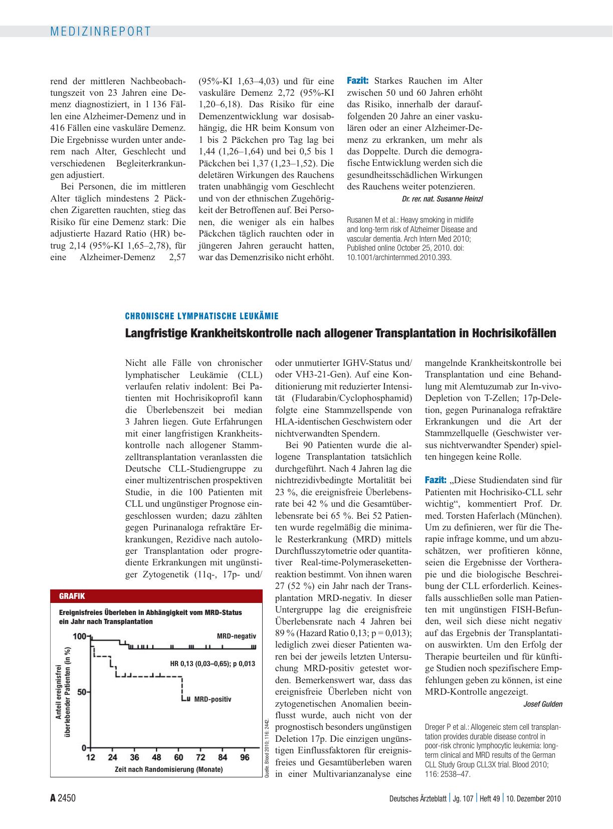 Vorschauseite 1: Chronische lymphatische Leukämie: Langfristige Krankheitskontrolle nach allogener Transplantation in Hochrisikofällen