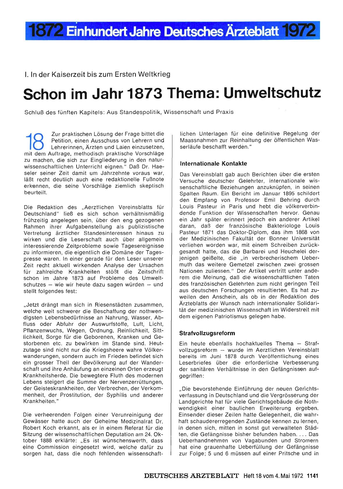 Vorschauseite 1: I. In der Kaiserzeit bis zum Ersten Weltkrieg: Schon im Jahr 1873 Thema: Umweltschutz