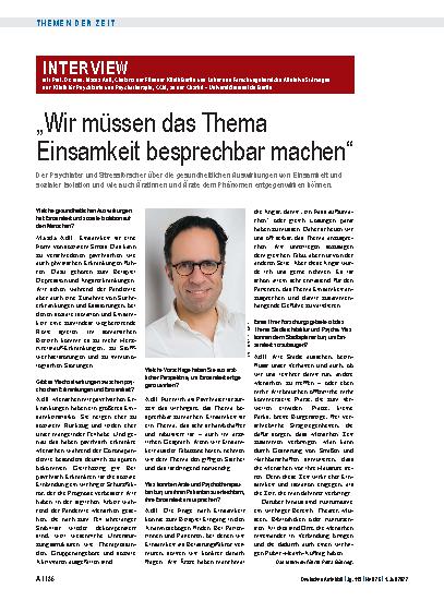 Vorschauseite 1: Interview mit Prof. Dr. med. Mazda Adli, Chefarzt der Fliedner Klinik Berlin und Leiter des Forschungsbereichs Affektive Störungen der Klinik für Psychiatrie und Psychotherapie, C…