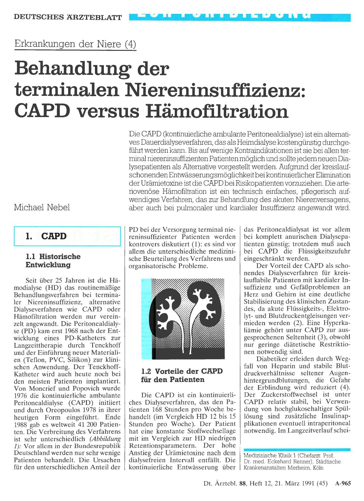 Vorschauseite 1: Erkrankungen der Niere (4): Behandlung der terminalen Niereninsuffizienz: CAPD versus Hämofiltration