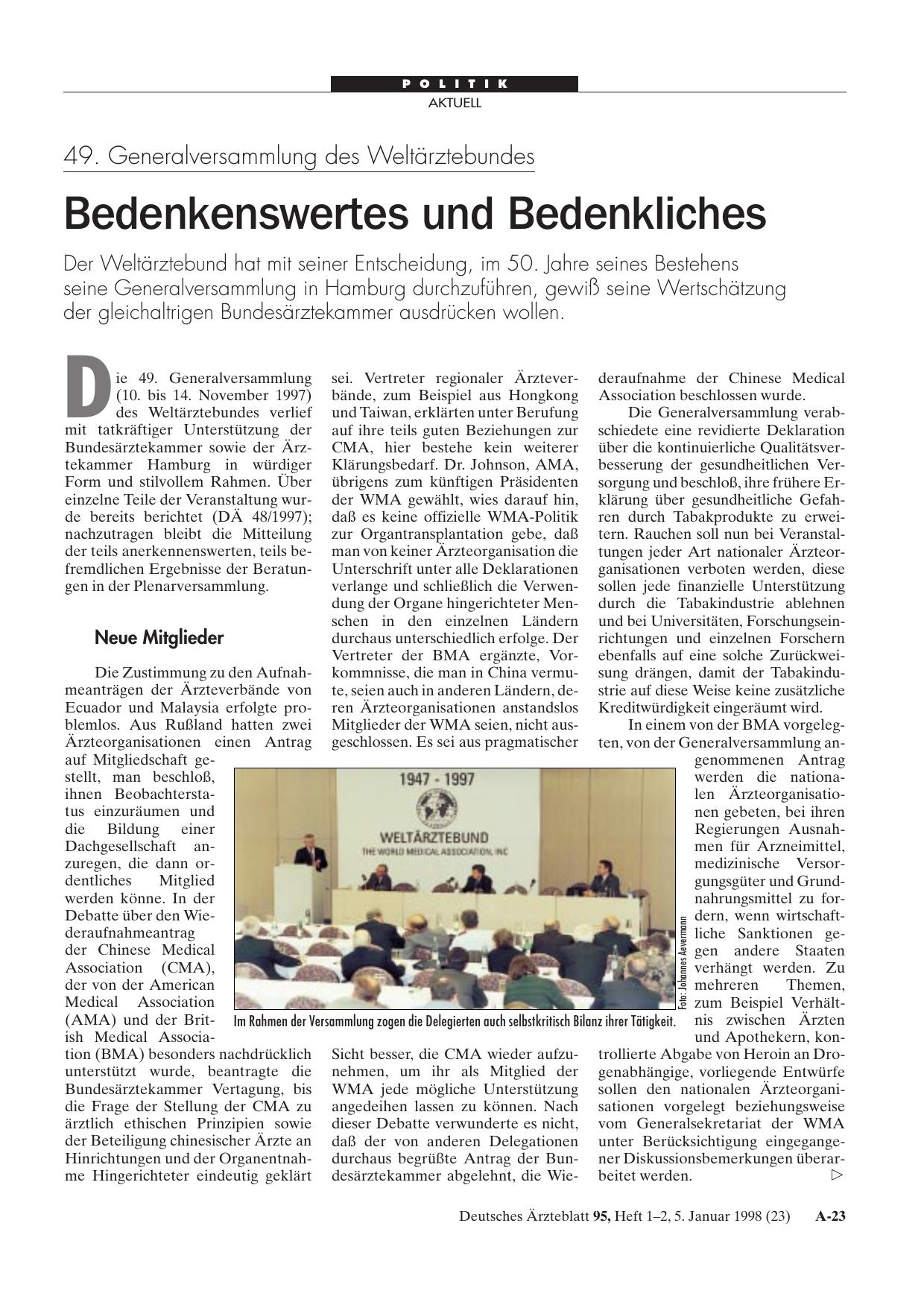 Vorschauseite 1: 49. Generalversammlung des Weltärztebundes: Bedenkenswertes und Bedenkliches