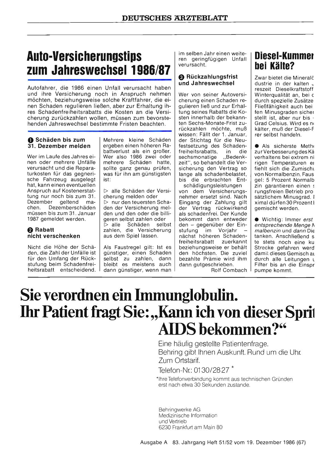 Vorschauseite 1: Auto-Versicherungstips zum Jahreswechsel 1986/87